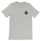 Light gray athletic heather t-shirt with red-striped flame logo for Tattoos Matter