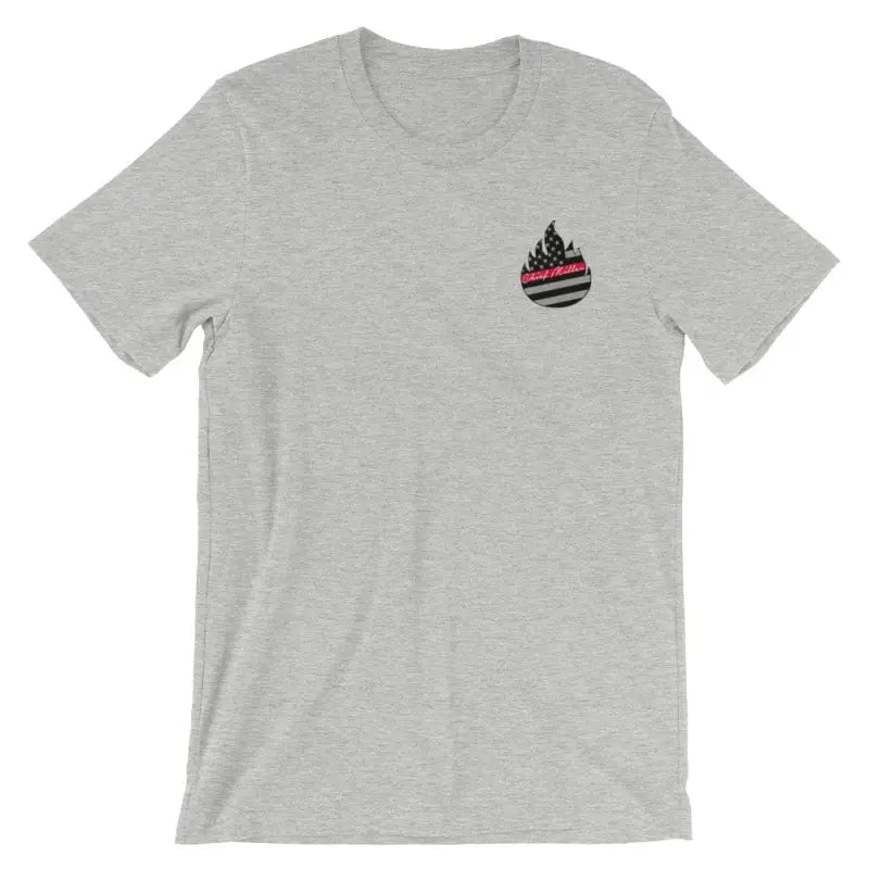 Light gray athletic heather t-shirt with red-striped flame logo for Tattoos Matter