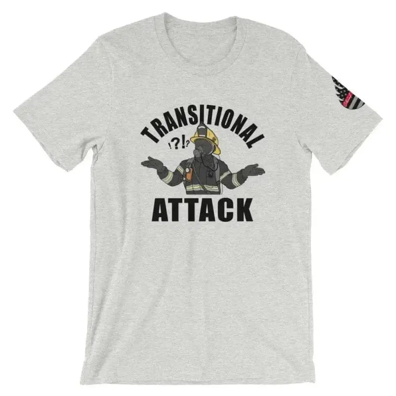 Light gray athletic heather t-shirt with Transitional Attack firefighter graphic design