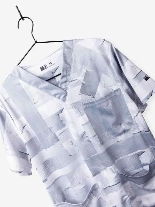 Light gray and white patterned button-up shirt for men’s duct tape scrub top