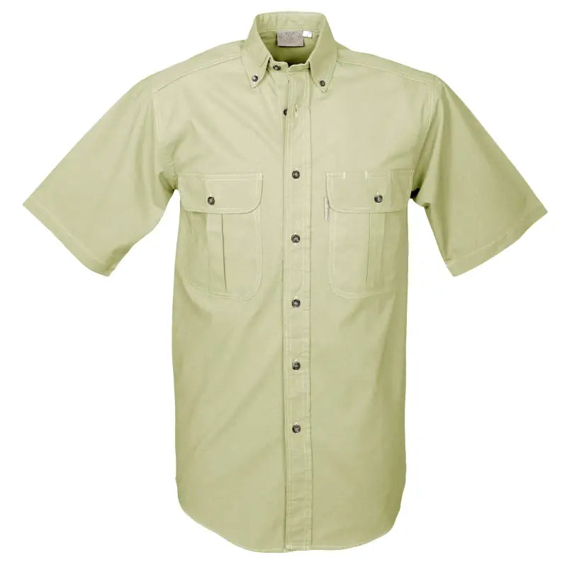 Light green safari shirt for men, short sleeves with chest pockets for outdoor essentials