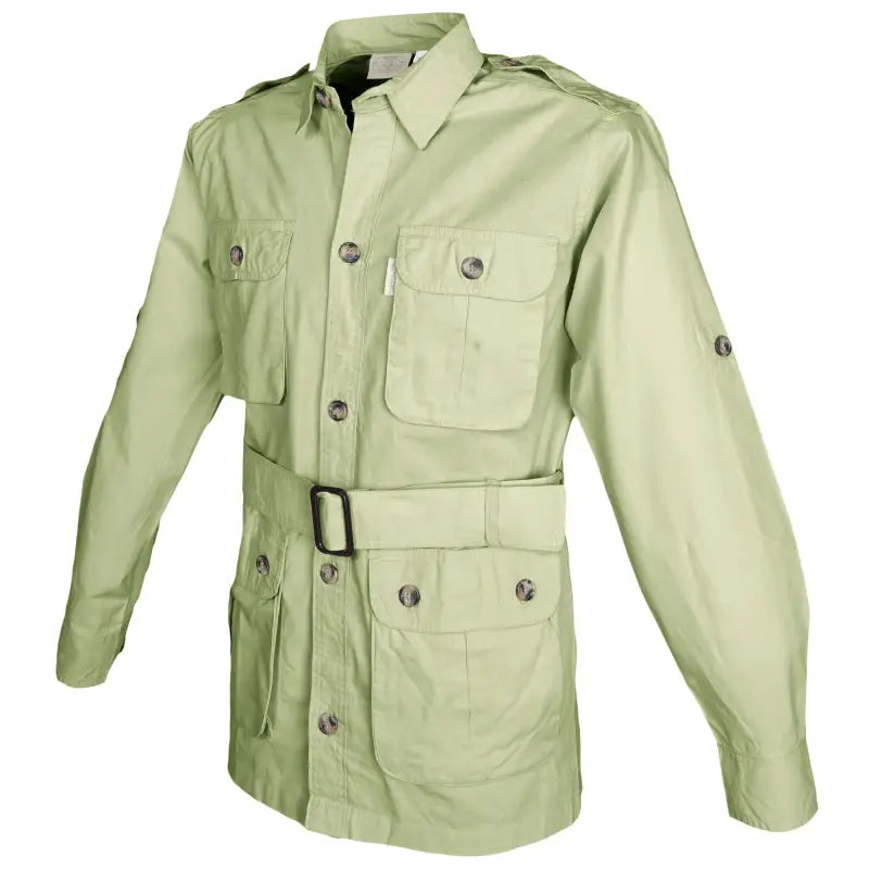 Light green safari jacket for men with buttoned flap covered chest pockets and functional Swiss tabs