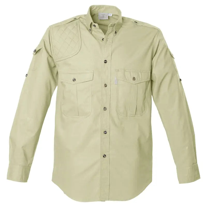 Light khaki Shooter Shirt for Men with pockets, inspired by safari shirts for shooting patch use