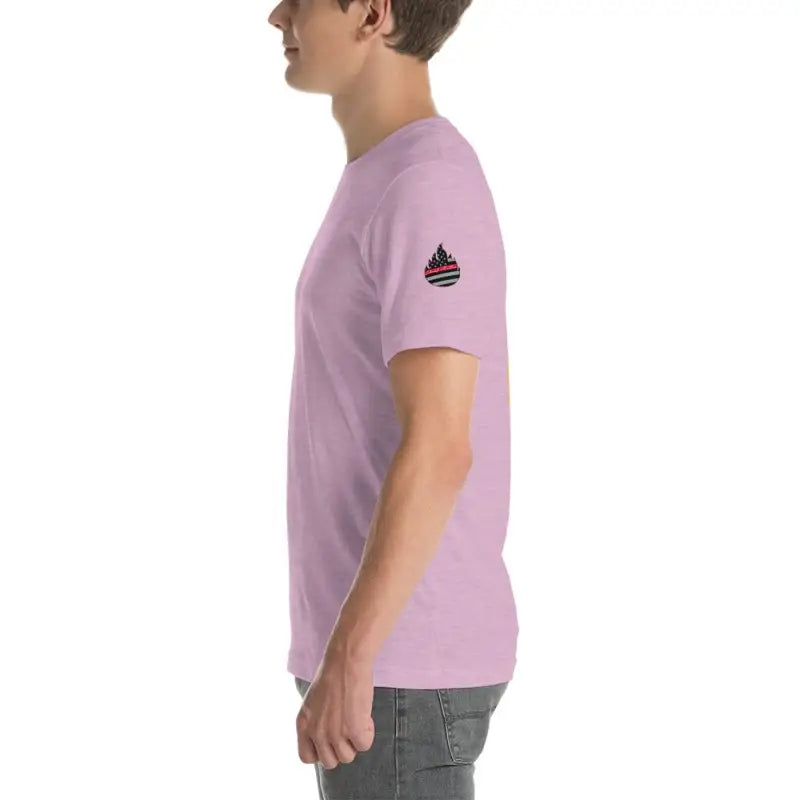 Light purple Engine 19 Short-Sleeve T-Shirt with dark logo on sleeve in heather prism lilac