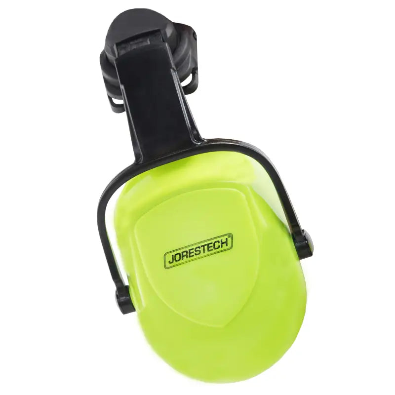 Lime green hearing protection earmuffs for slotted hard hats, 23dB NRR noise cancelling