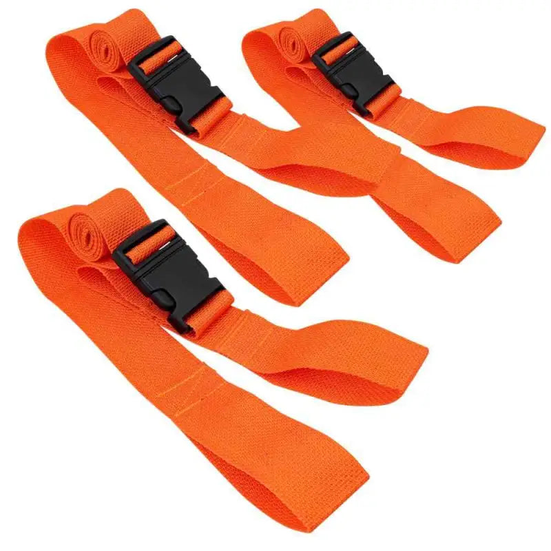 Three bright orange Line2Design backboard spine board straps with black buckles