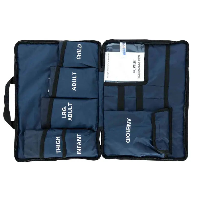 Navy blue medical supply organizer for LINE2design Blood Pressure Cuff Kit with compartments