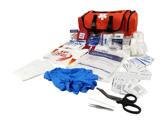 Red emergency first aid kit with supplies, part of Line2Design Emergency Responder Kit Medical