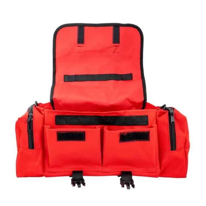 Red emergency medical response bag with compartments for LINE2design Emergency Responder Kit