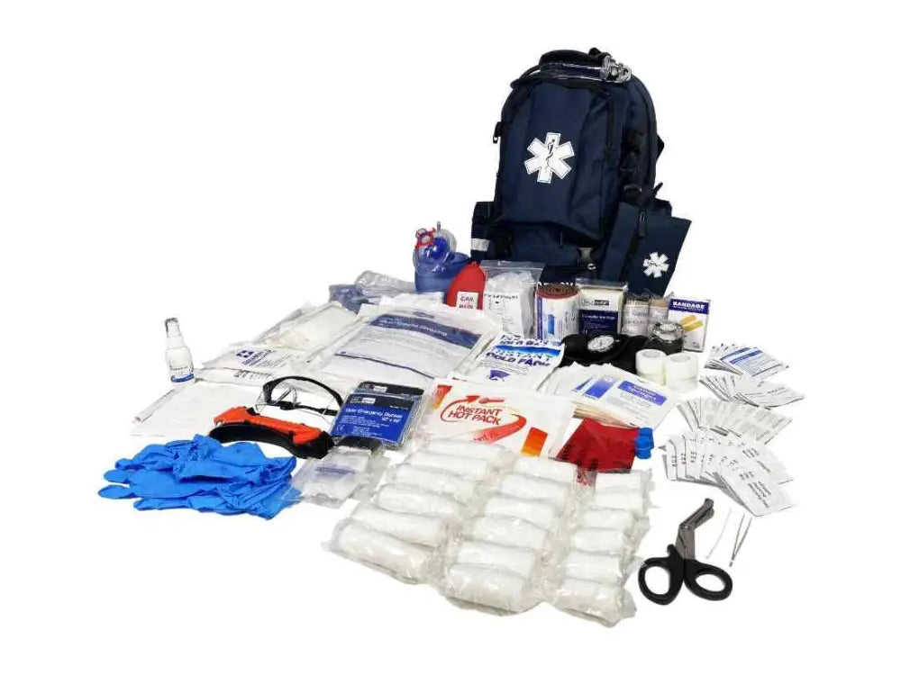 Navy blue LINE2design Emergency Medical Backpack with trauma supplies and conforming stretch gauze