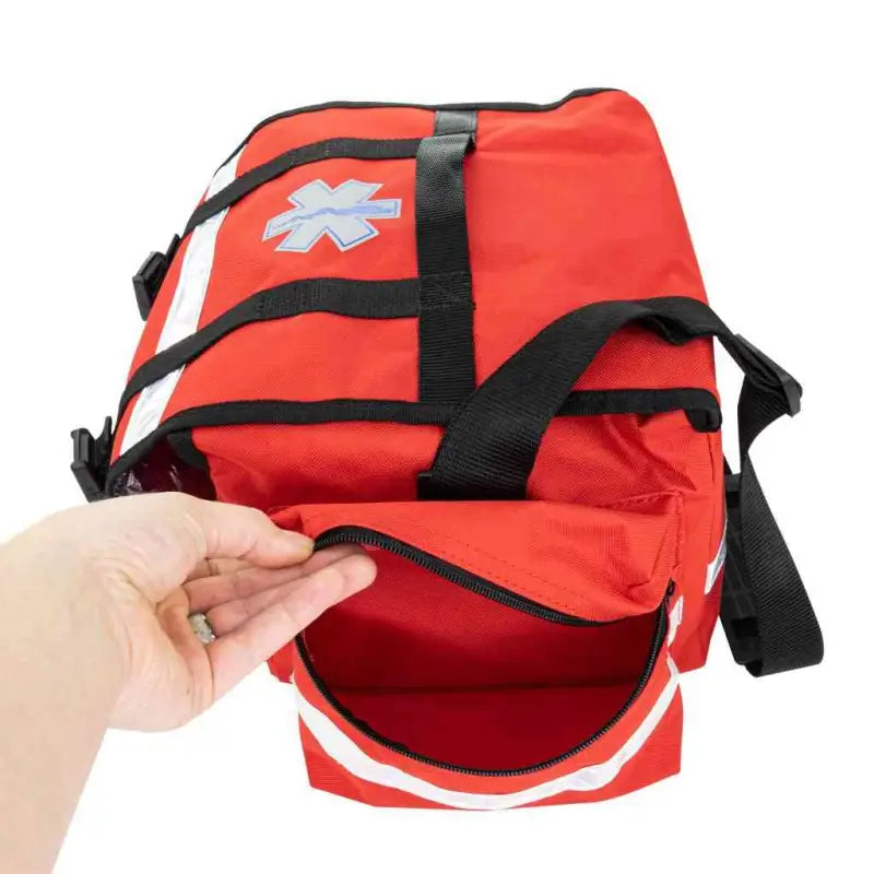 Red emergency medical first aid bag by LINE2design with white cross and black straps