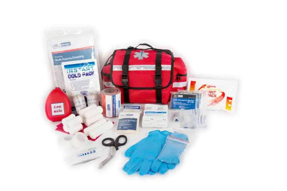 Red LINE2design Emergency Medical First Responder First Aid Kit with conforming stretch gauze