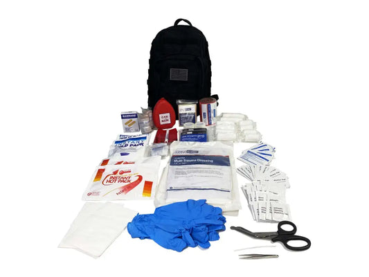 Black backpack filled with first aid supplies from Line2Design Emergency Medical Kit