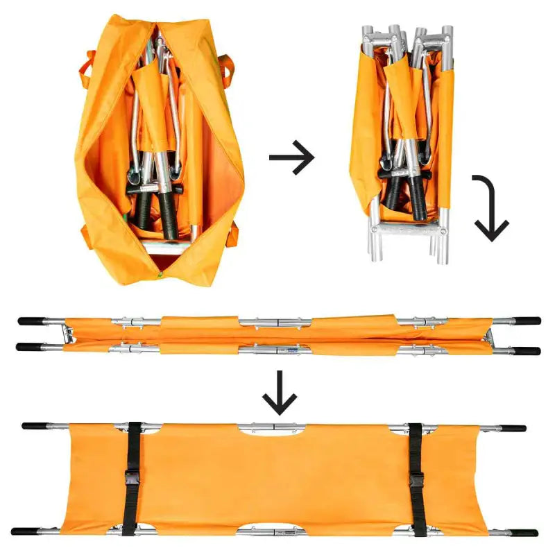 Orange folding medical stretcher emergency with metal frame and carrying straps by Line2design