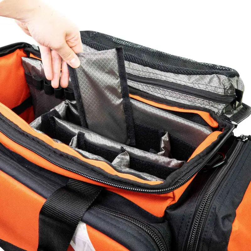 Orange and black LINE2design Deluxe EMS Elite Medical Trauma Bag with padded compartments