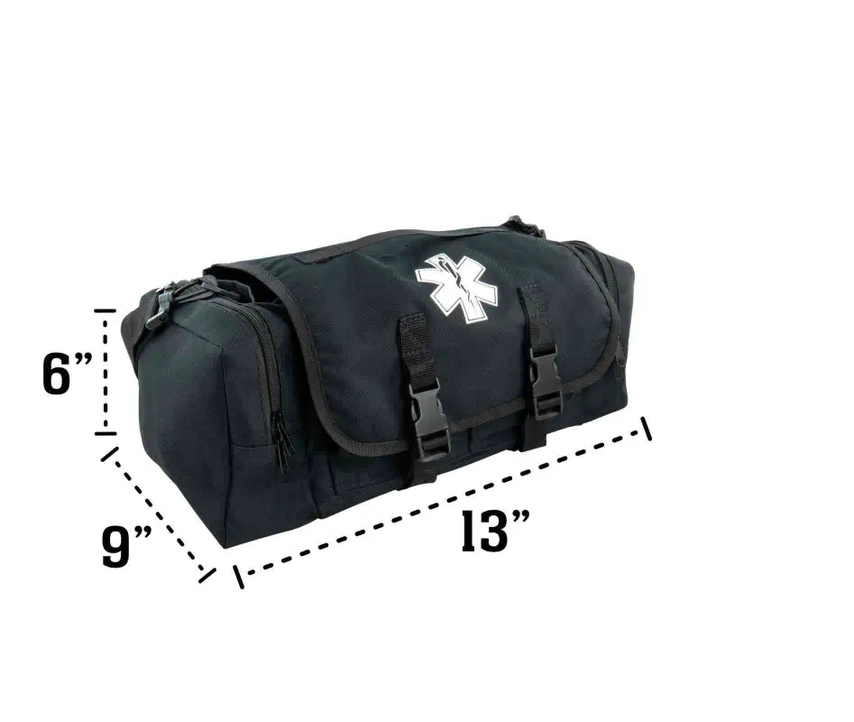 Black LINE2design Medical EMS Bag with Star of Life, Buckle Closures, and Zippered Pockets