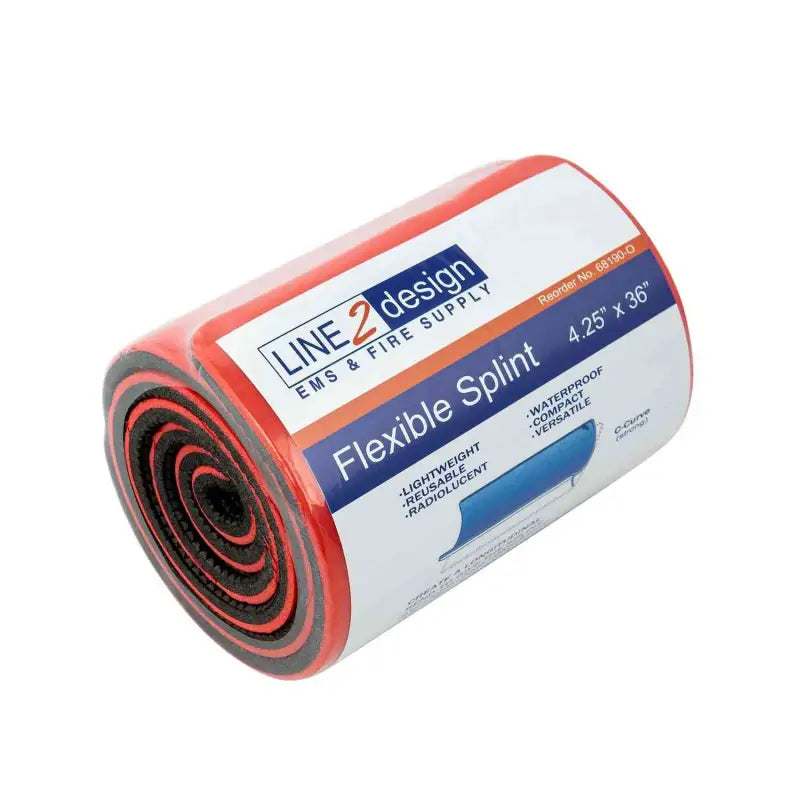 Red and black striped EMS Flex Roll splint bandage with blue and white labeling