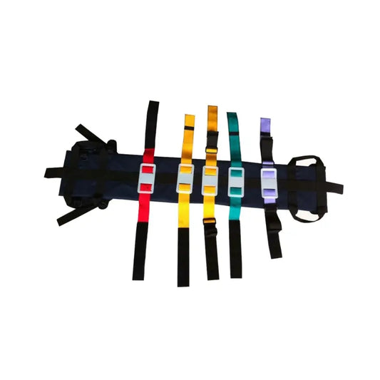 Black stretcher with colorful straps for LINE2design Pediatric Spinal Immobilization