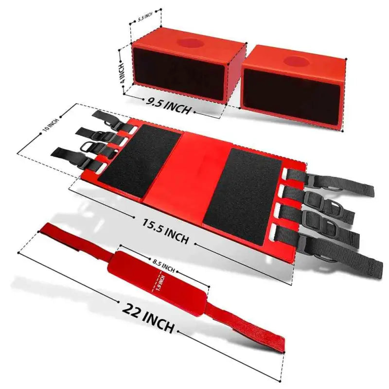 Red and black LINE2design Spine Board with buckle straps and storage compartments