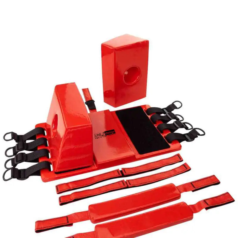 Red medical head immobilization blocks and straps for LINE2design Spine Board