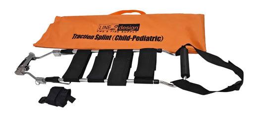 Orange and black LINE2design traction splint for fractured femur, ideal for child-pediatric care