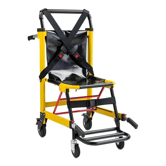 Medical evacuation stair chair with wheels and safety straps in yellow and black