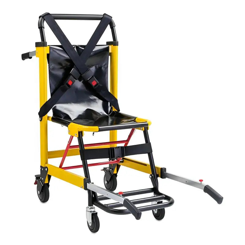 Folding evacuation stair chair with wheels and safety straps for emergency medical evacuation