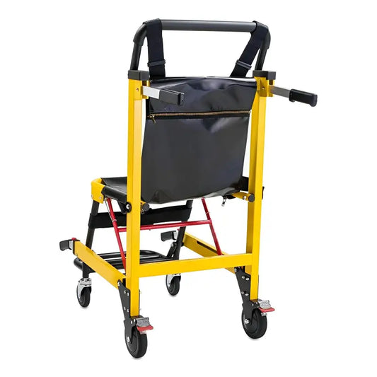 Yellow and black evacuation stair chair on wheels for emergency medical evacuation