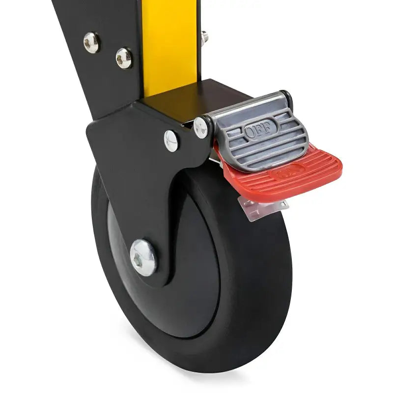 Black swivel caster wheel with red foot brake for evacuation stair chair in medical use