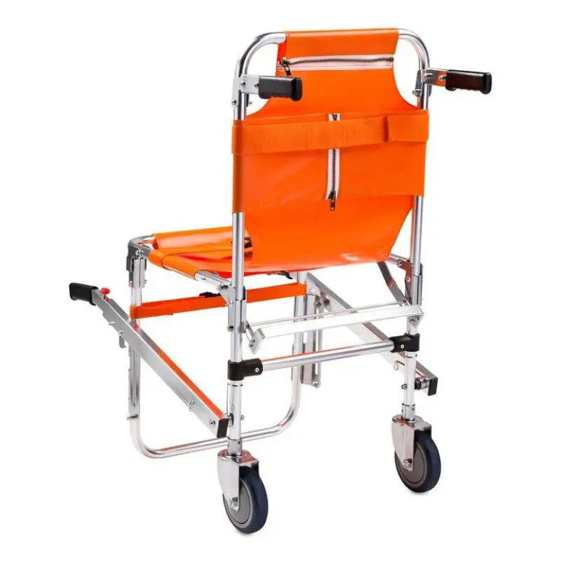 Orange medical transport chair with wheels, featuring quick release buckle and folding frame