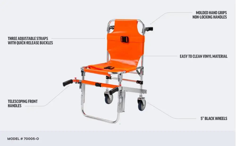 Orange and silver wheel stair chair with adjustable straps and quick release buckle