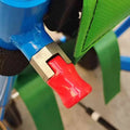 Red plastic clip with metallic frame on LINE2design USA EMS Stair Chair for patient lift transfer