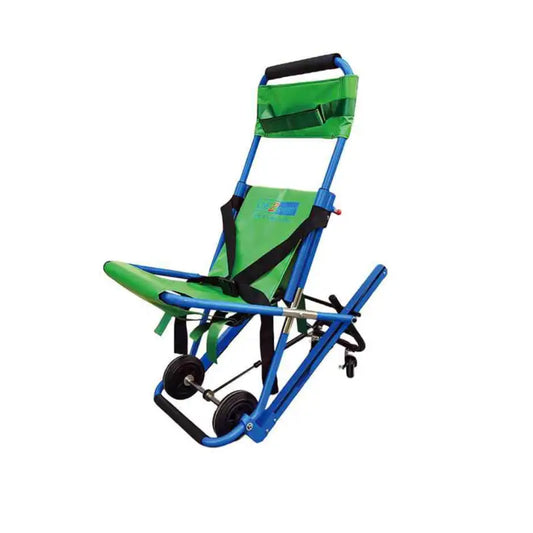 Folding Evacuation Chair with Blue Frame and Green Cushions for Emergency Patient Lift Transfer