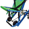 Blue and green wheelchair with small wheels for emergency evacuation and patient lift transfer