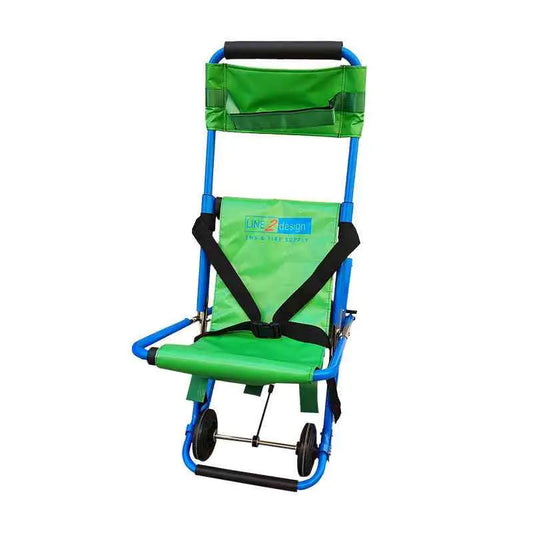 Portable emergency evacuation chair with green seat and blue frame for patient lift transfer