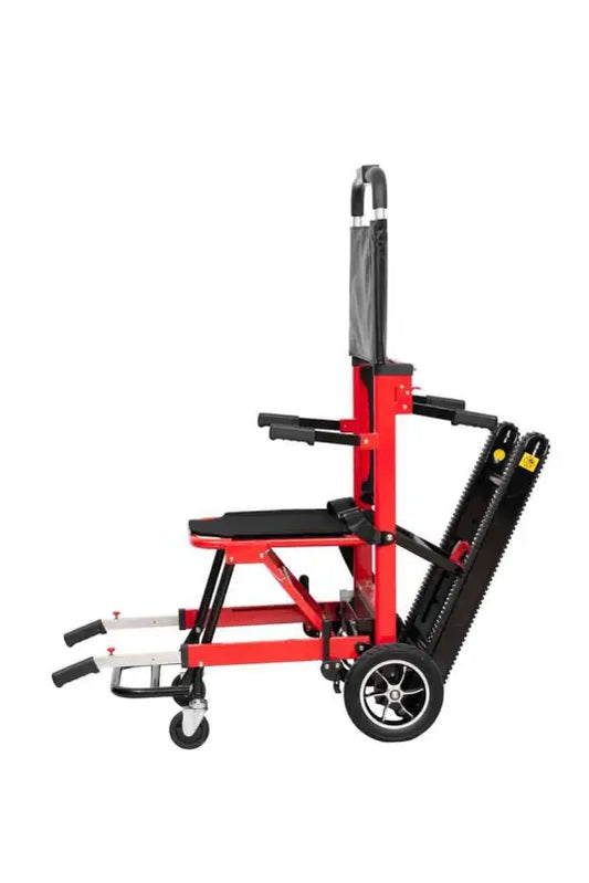 Red and black LINE2design mobile stair lift climber with tracked wheels for easy ascent