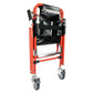 Folding black-cushioned aluminum mobile evacuation chair with red frame on wheels