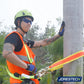 Lineman in safety gear using Cross Arm Anchor Strap with high-visibility color scheme