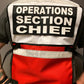 Red and white two tone reflective vest for Logistics Section Chief with back text