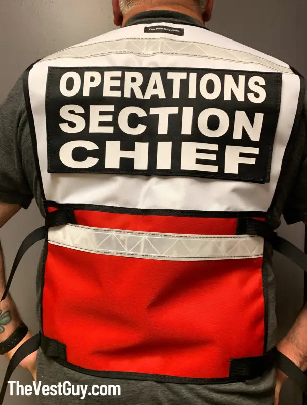 Red and white two tone reflective vest for Logistics Section Chief with back text