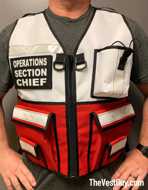 Operations Section Chief vest featuring red and white compartments and a black zipper