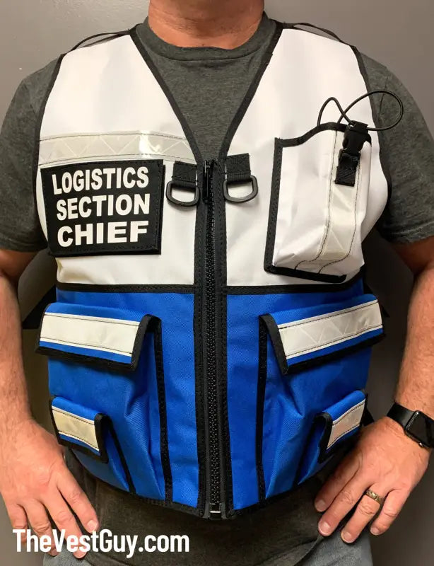 White and blue Logistics Section Chief Two Tone Reflective Vest with multiple pockets