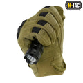 Tactical gloves holding a black flashlight, M-Tac Gloves Assault in olive green color