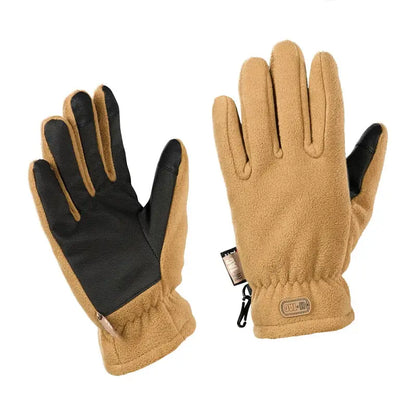 Pair of tan and black M-Tac Gloves Fleece Thinsulate with zipper closure