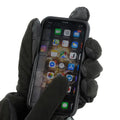Black gloved hand holding an iPhone showcasing M-Tac Gloves Fleece Thinsulate features