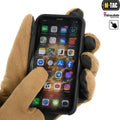 Tan tactical glove using an iPhone, showcasing M-Tac Gloves Fleece Thinsulate features