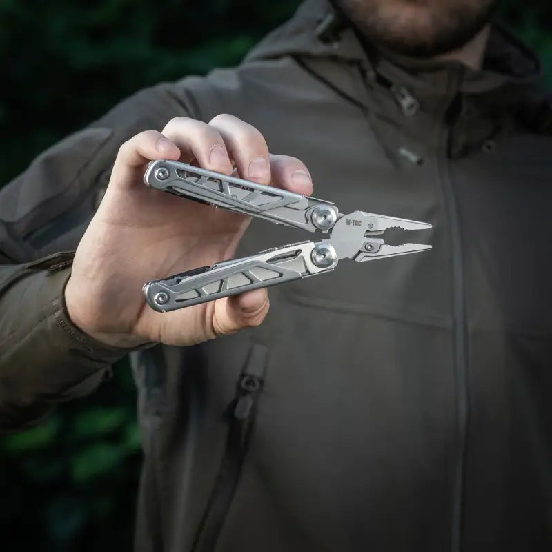 Stainless steel M-Tac Multitool Type 3 Grey pliers in open position for versatile use