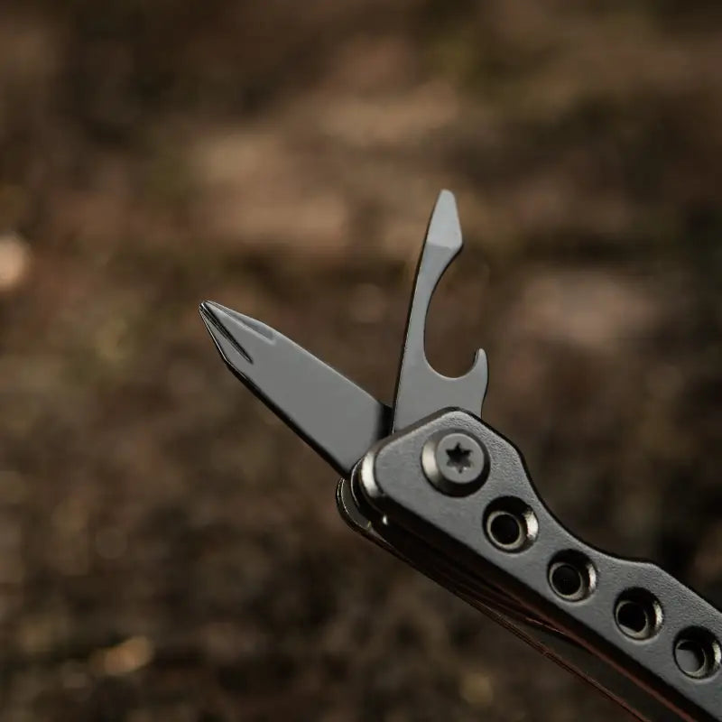 M-Tac Multitool Type 6 in Black/Olive with stainless steel open blade and hole pattern