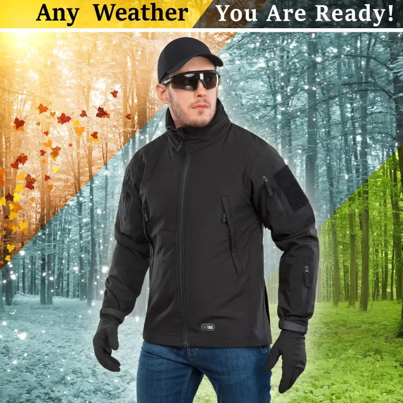 Black M-Tac Soft Shell Jacket with two shoulder pockets and tactical gloves displayed