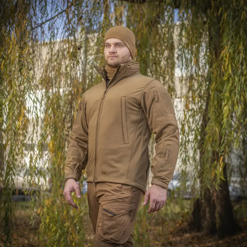 Tan M-Tac Soft Shell Jacket and pants set with two shoulder pockets for outdoor use